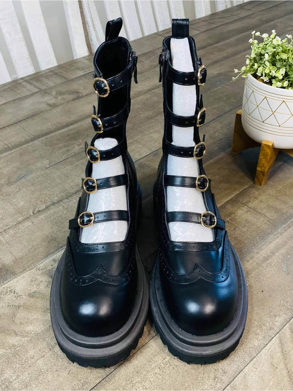 SHOEHI Luella Belt Walker Boots Black Gold Buckle Chunky Platform Size 8